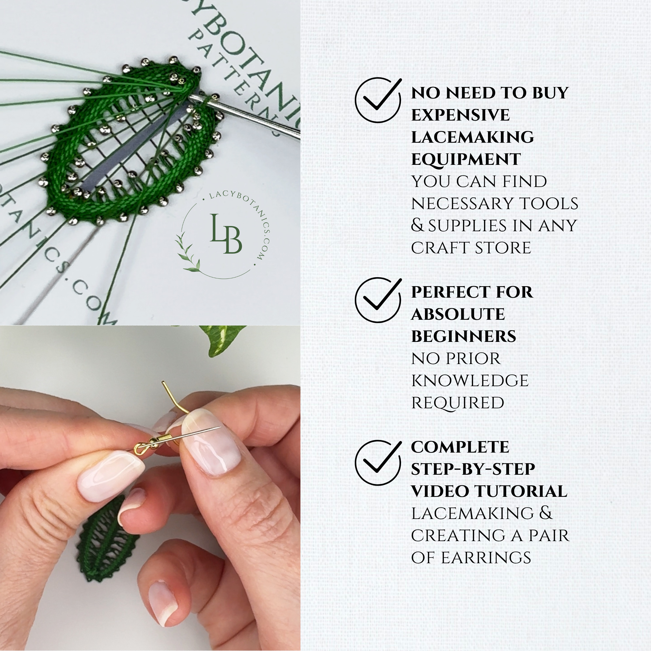 Leaf Earrings • Introduction to Bobbin Lace • Level 4 • Digital Download + Video Tutorial