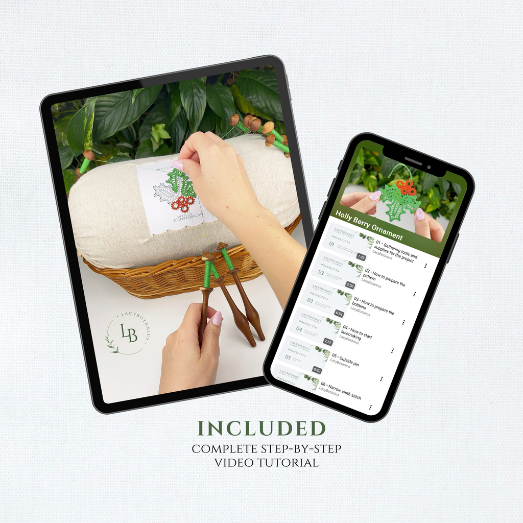 Holly Berry Ornament • Bobbin Lace PDF Pattern • Digital Download + Video Tutorial