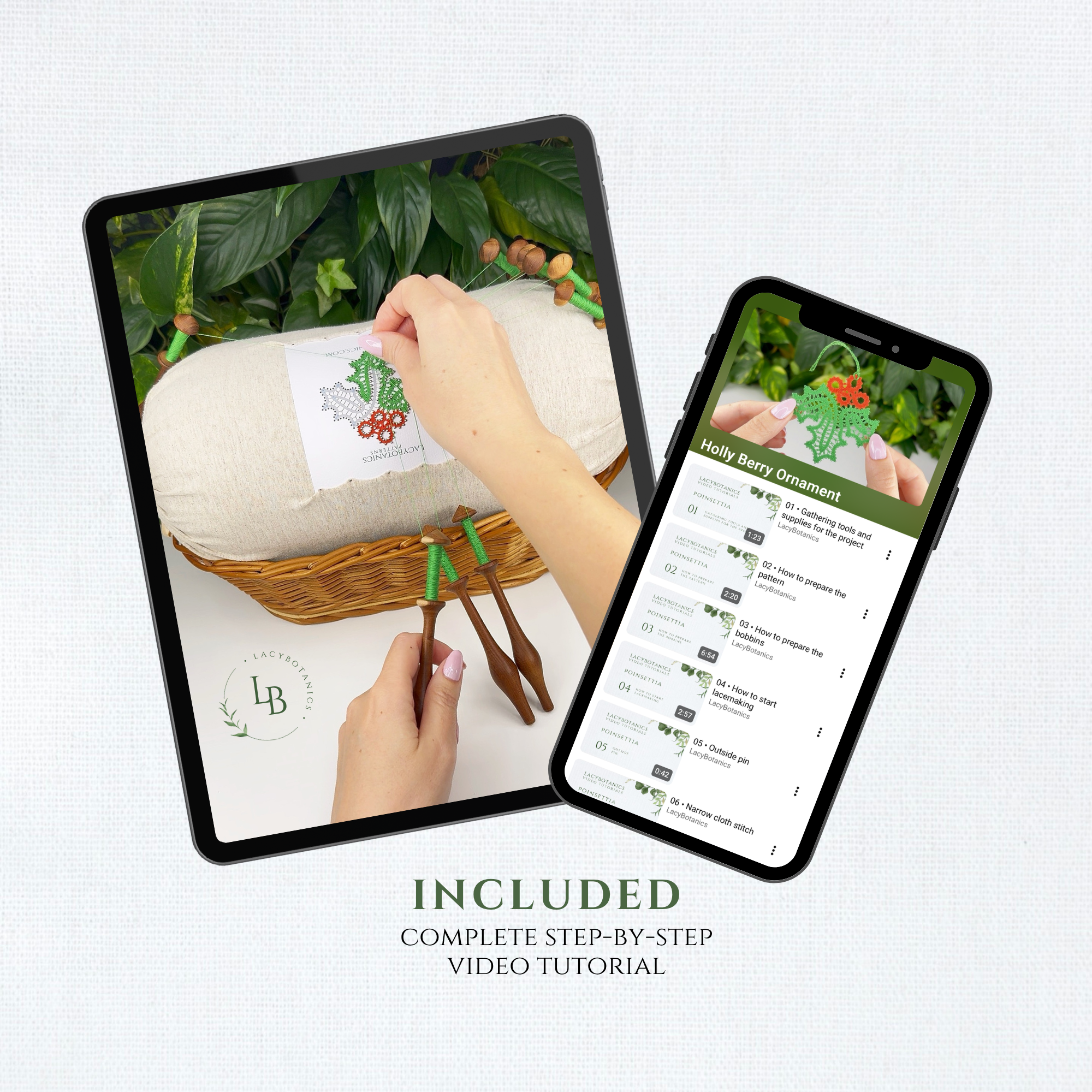 Holly Berry Ornament • Bobbin Lace PDF Pattern • Digital Download + Video Tutorial