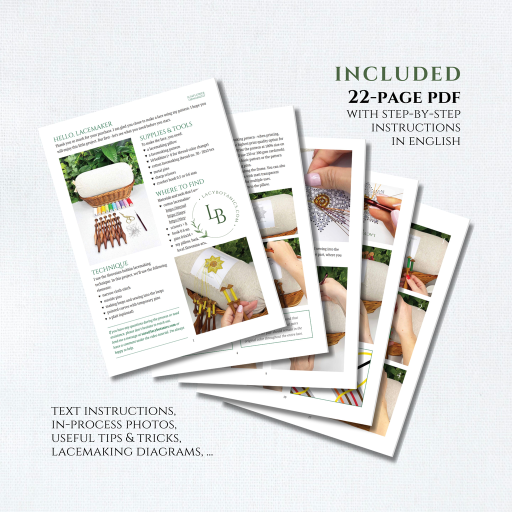 Sunflower Ornament • Bobbin Lace PDF Pattern • Digital Download + Video Tutorial