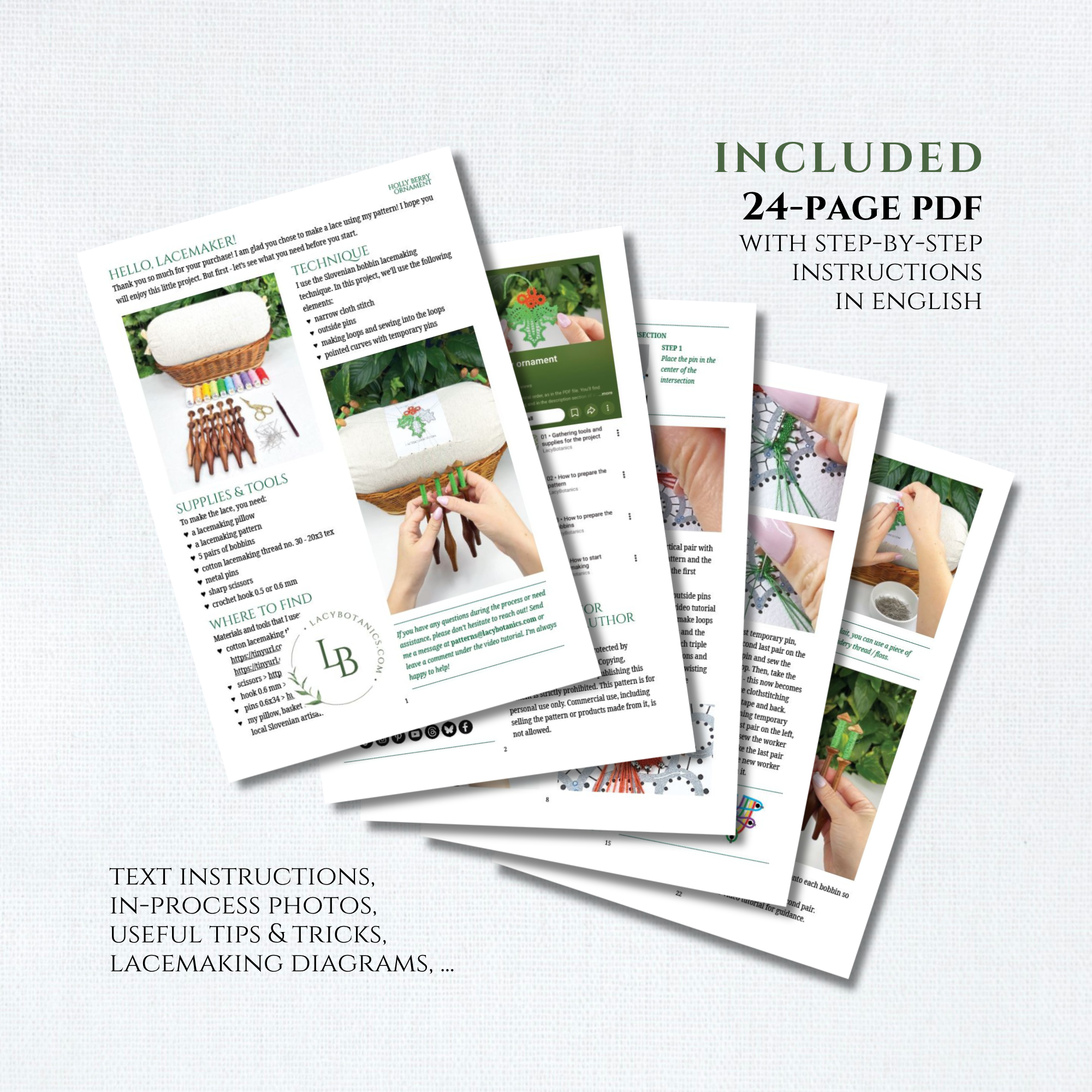 Holly Berry Ornament • Bobbin Lace PDF Pattern • Digital Download + Video Tutorial