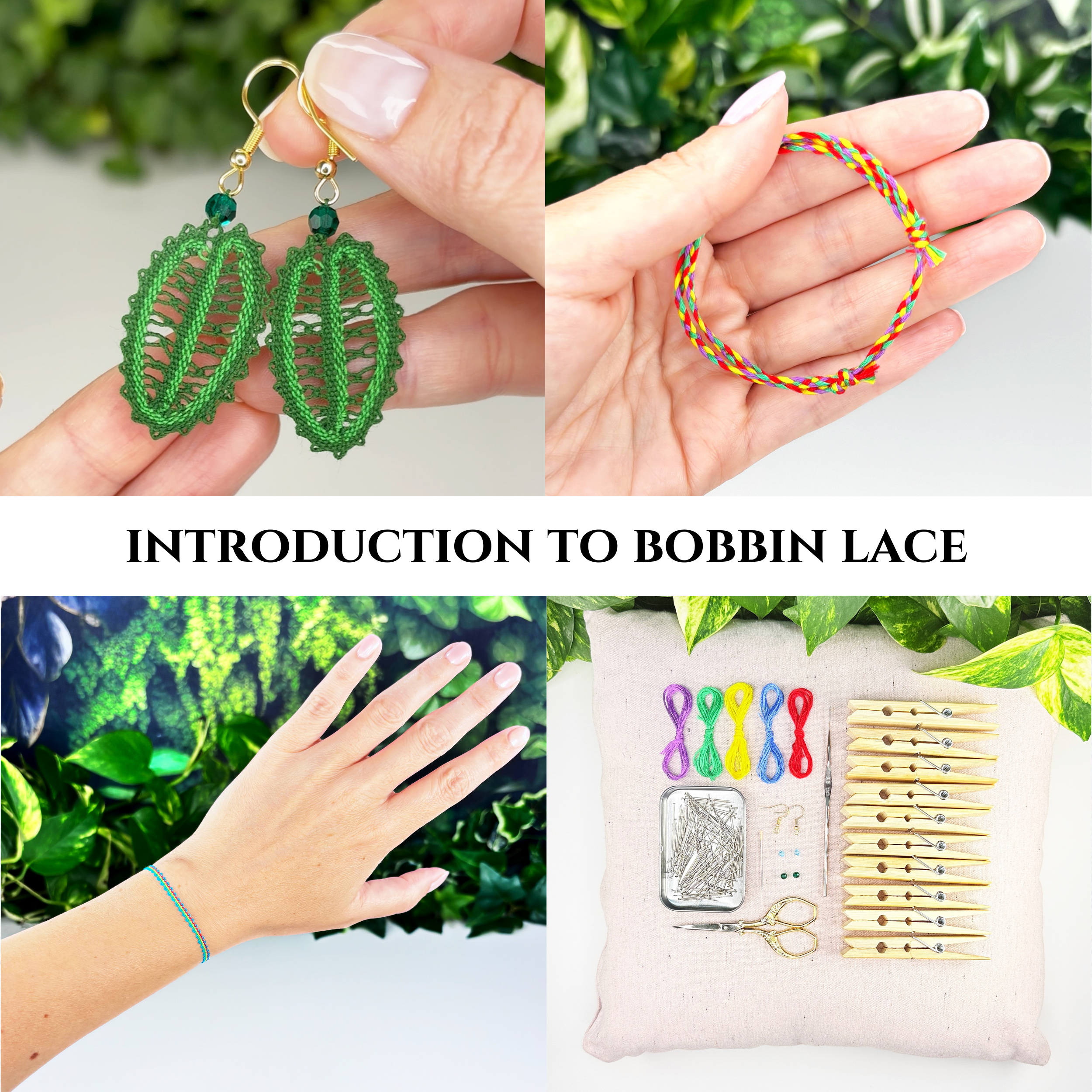 Introduction to Bobbin Lace • Shortened 3-level Video Course for Beginners • Bracelet & Leaf Earrings • Digital Download