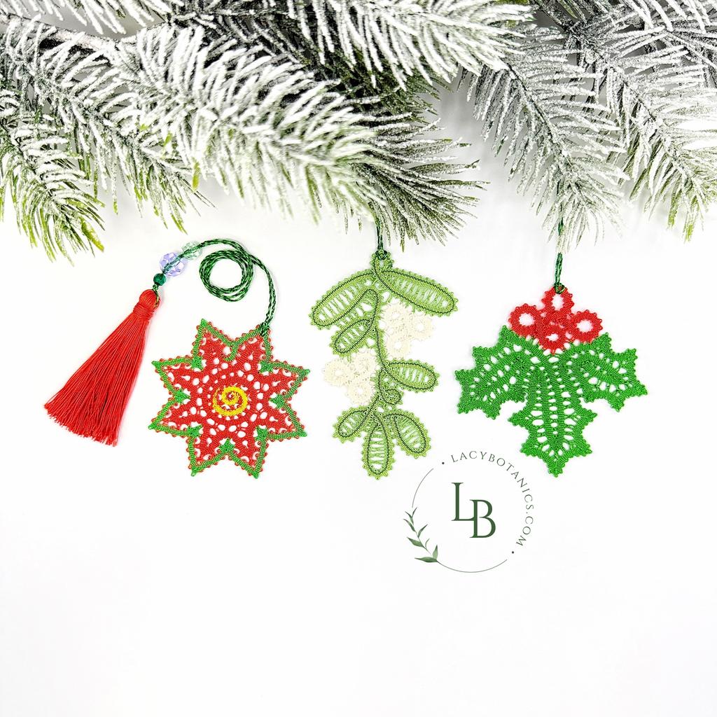 Christmas Flowers • Bobbin Lace PDF Pattern Set • Mistletoe, Holly & Poinsettia • Digital Download + Video Tutorial