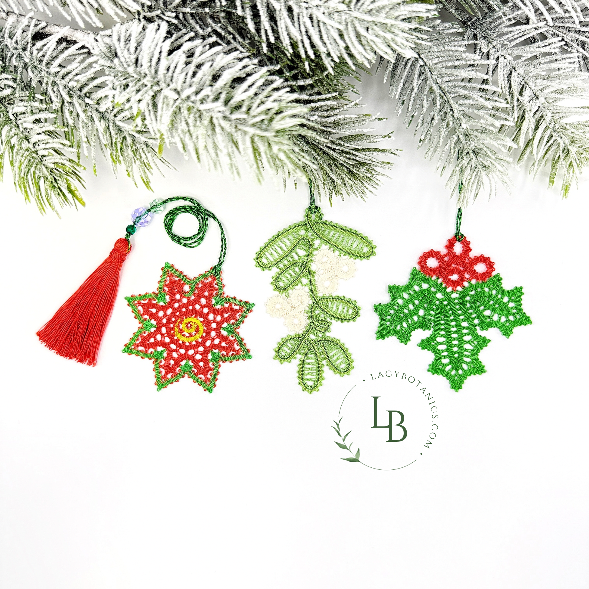 Christmas Flowers • Bobbin Lace PDF Pattern Set • Mistletoe, Holly & Poinsettia • Digital Download + Video Tutorial