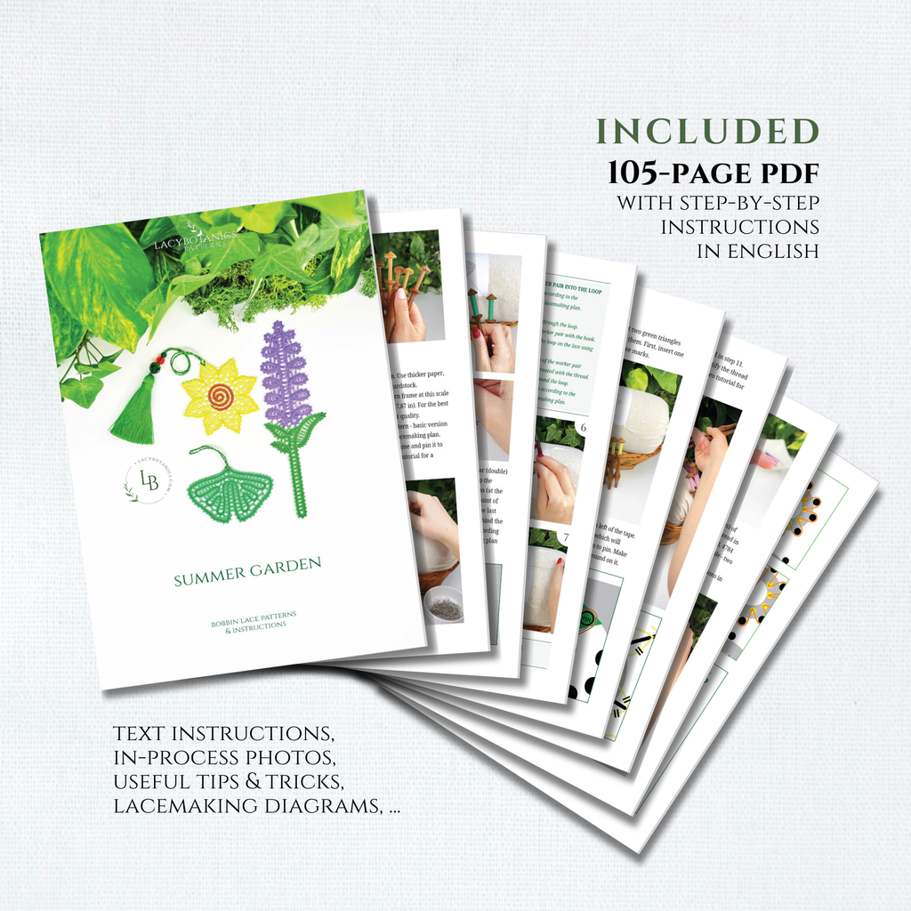 Summer Lace Garden • Bobbin Lace PDF Pattern Set • Sunflower, Lavender, Ginkgo Leaf • Digital Download + Video Tutorial