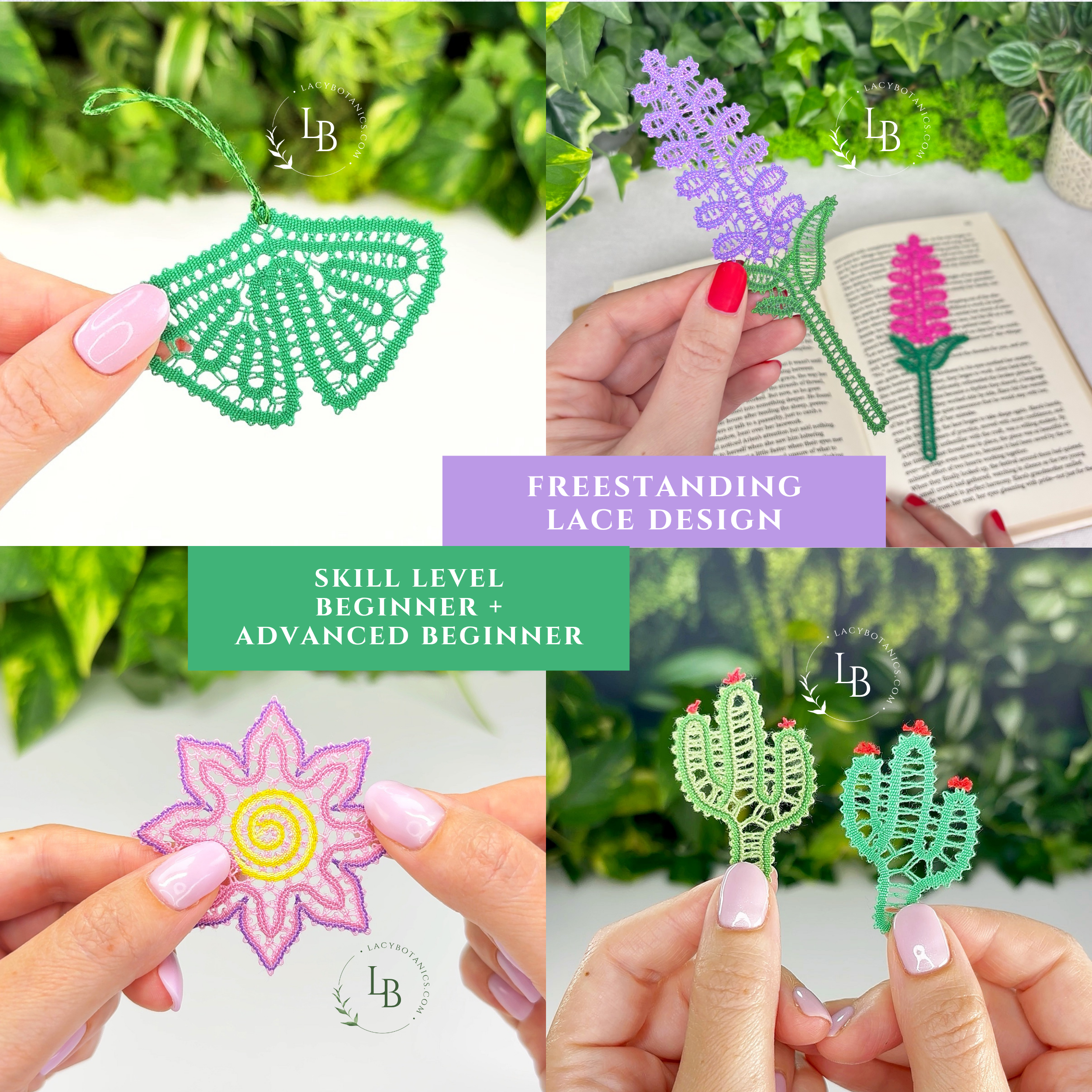 Summer Lace Set • Bobbin Lace PDF Pattern Set • Cactus, Sunflower, Lavender, Ginkgo Leaf • Digital Download + Video Tutorial