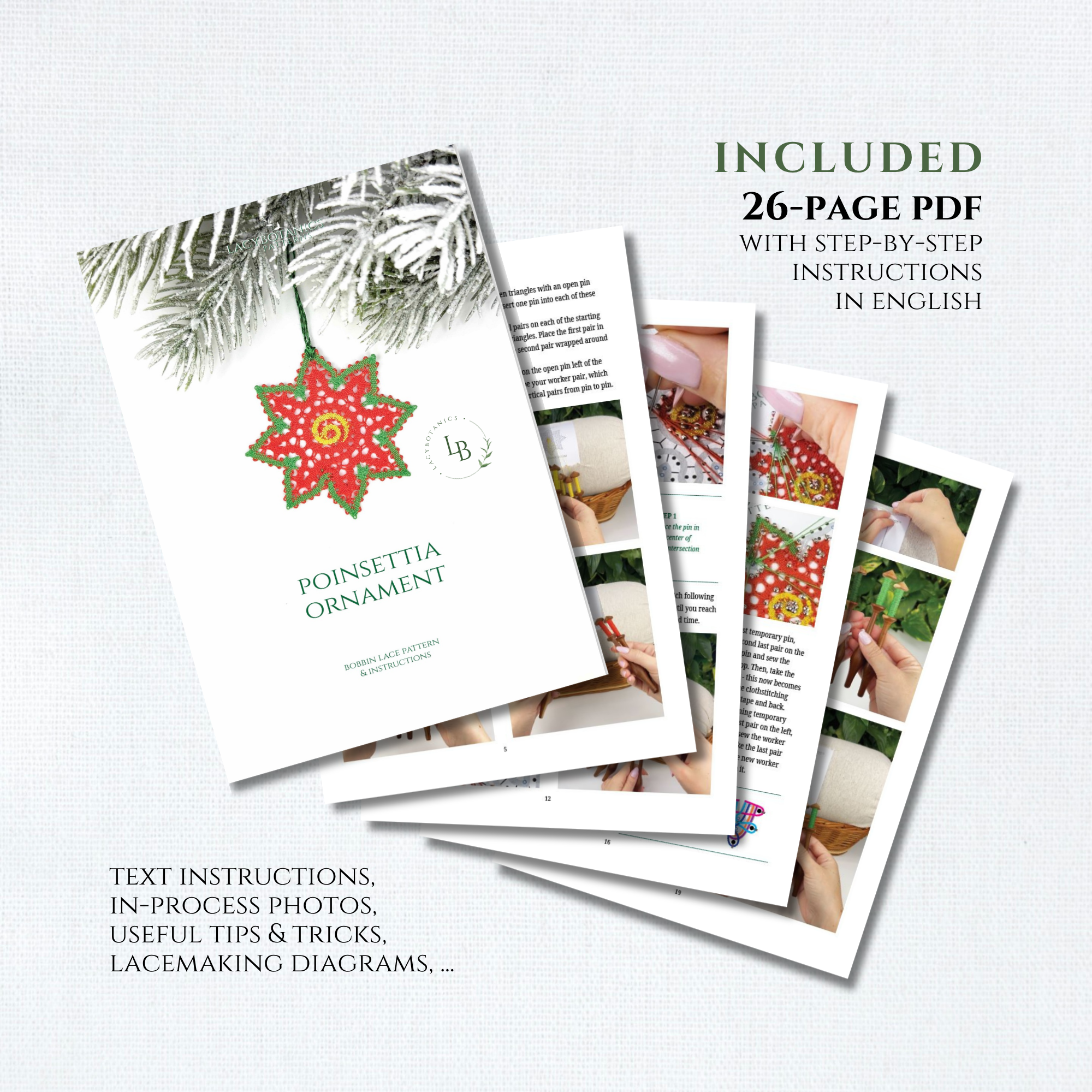 Christmas Star / Poinsettia Ornament • Bobbin Lace PDF Pattern • Digital Download + Video Tutorial