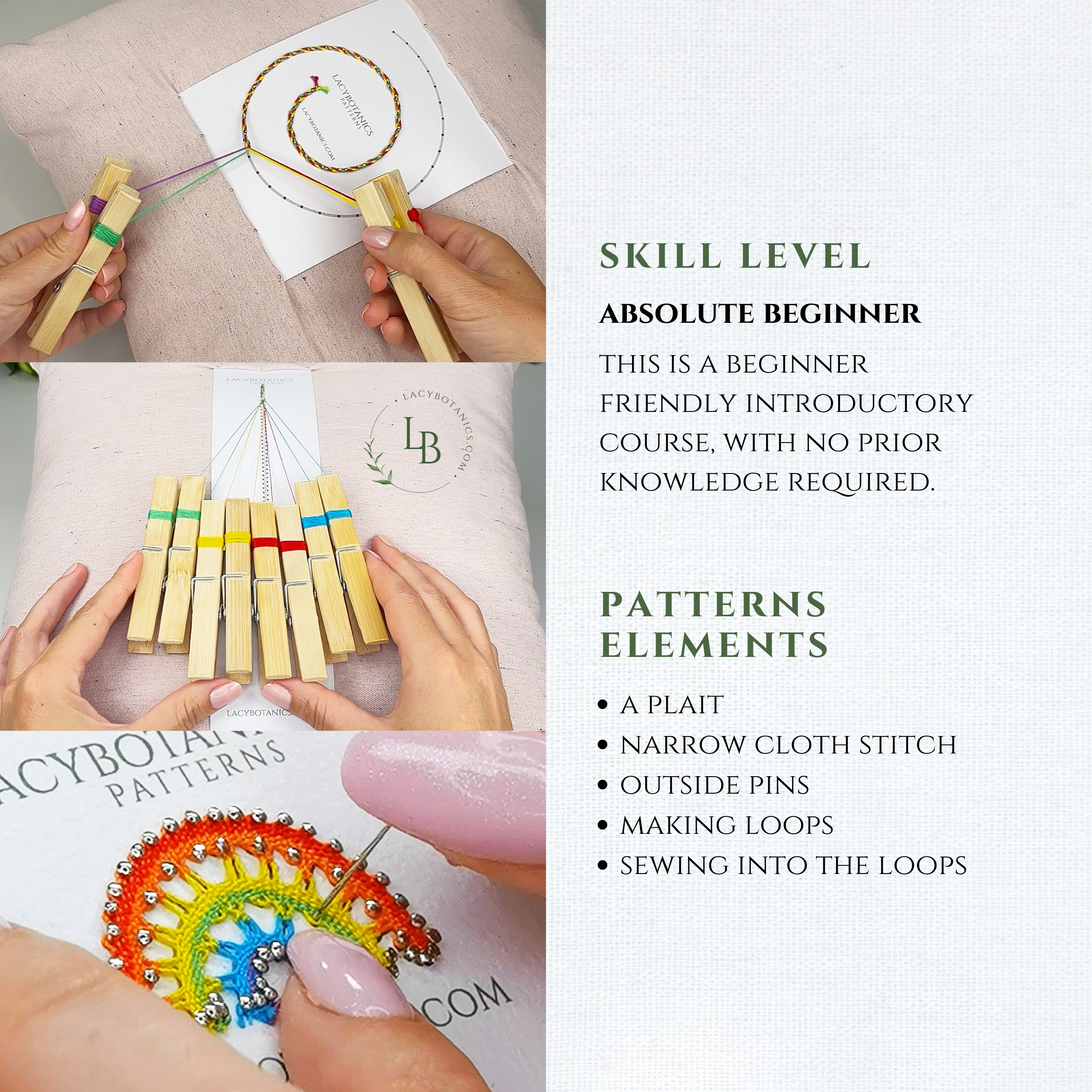 Introduction to Bobbin Lace • Shortened 3-level Video Course for Beginners • Bracelet & Rainbow Charm • Digital Download