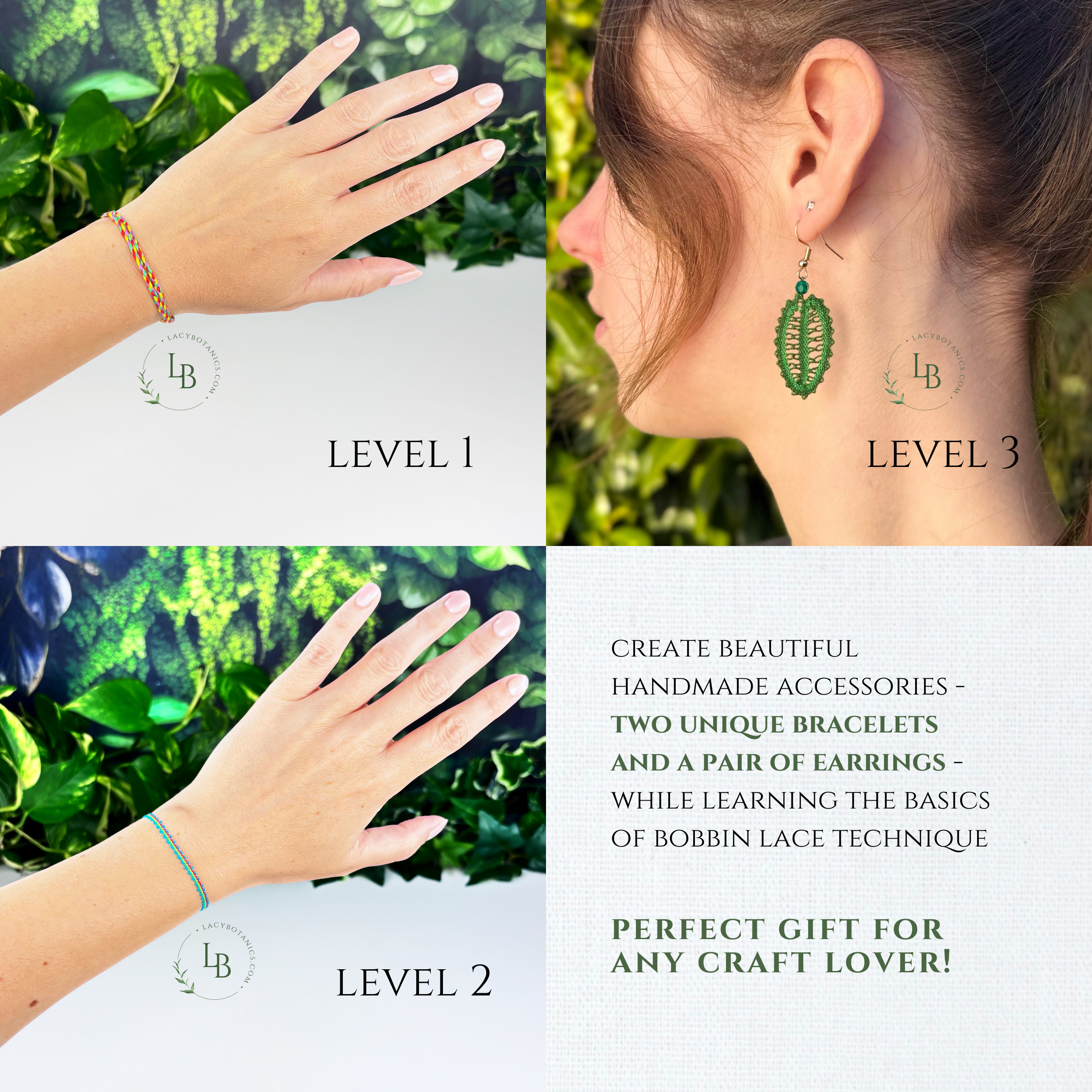 Introduction to Bobbin Lace • Shortened 3-level Video Course for Beginners • Bracelet & Leaf Earrings • Digital Download