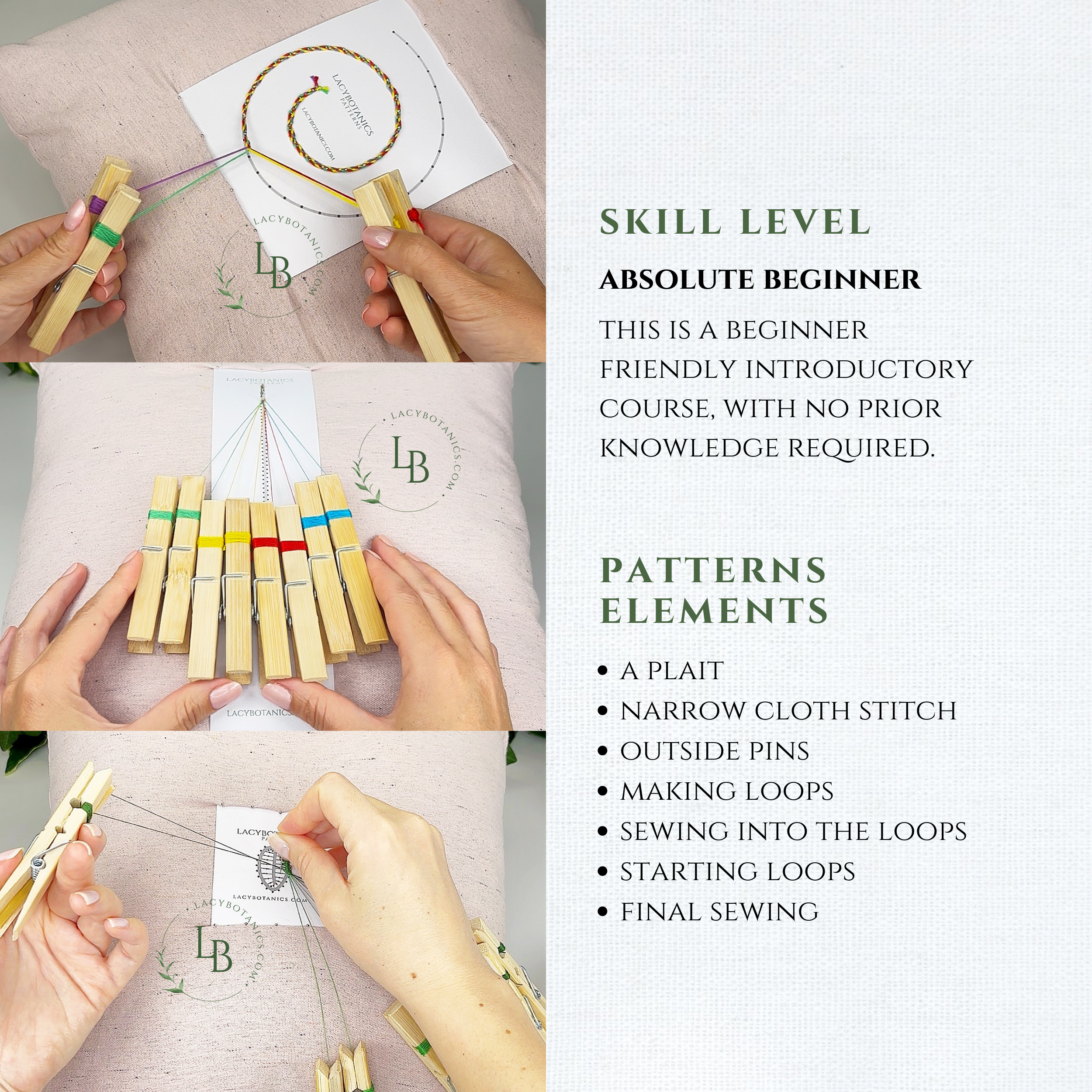 Introduction to Bobbin Lace • Shortened 3-level Video Course for Beginners • Bracelet & Leaf Earrings • Digital Download