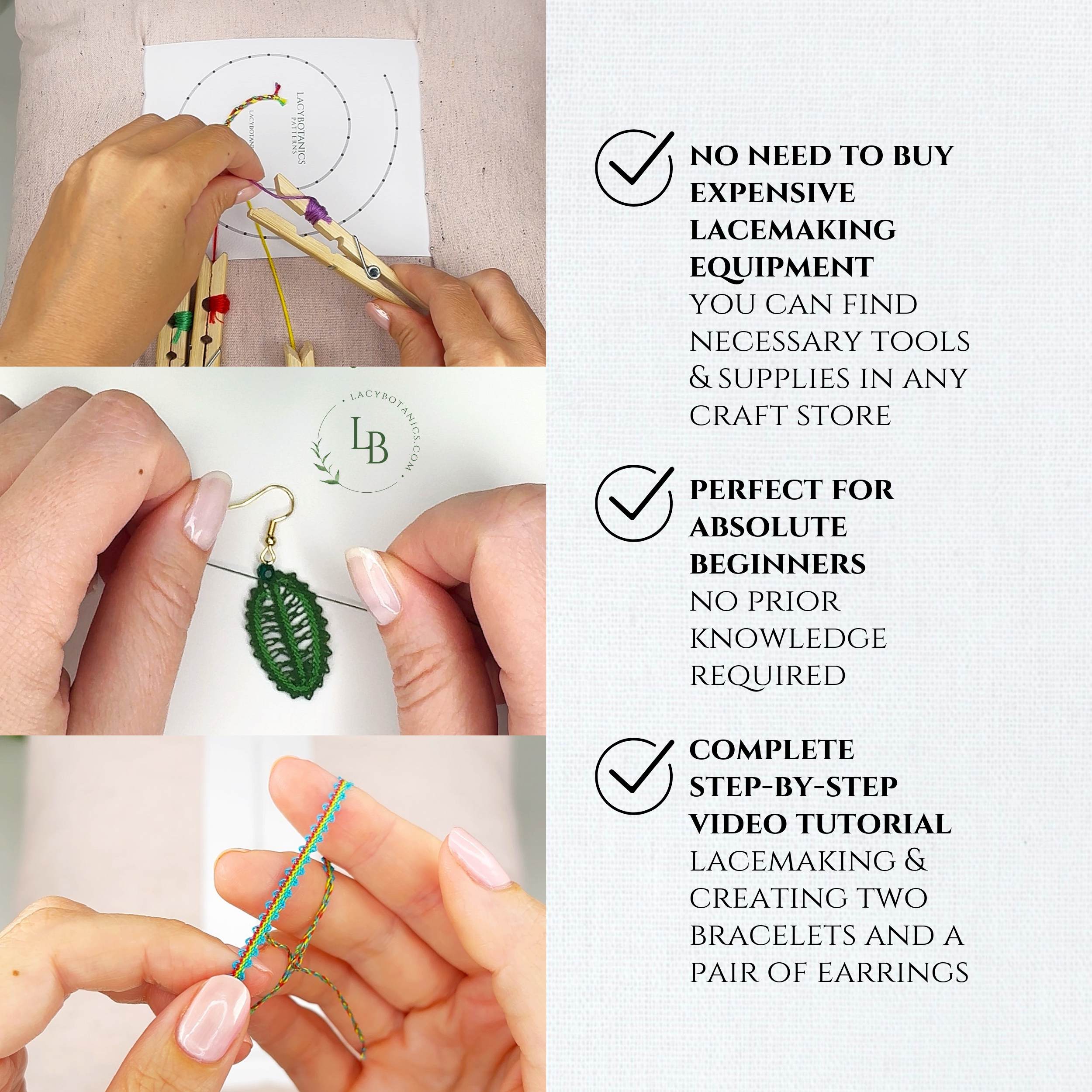 Introduction to Bobbin Lace • Shortened 3-level Video Course for Beginners • Bracelet & Leaf Earrings • Digital Download