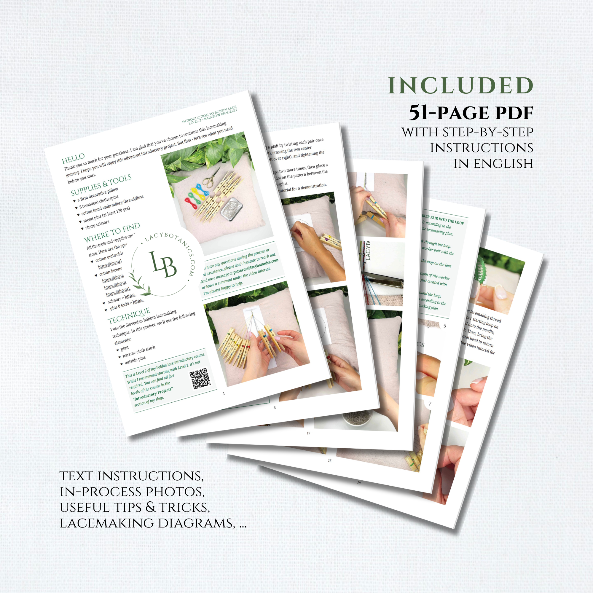 Introduction to Bobbin Lace • Shortened 3-level Video Course for Beginners • Bracelet & Leaf Earrings • Digital Download