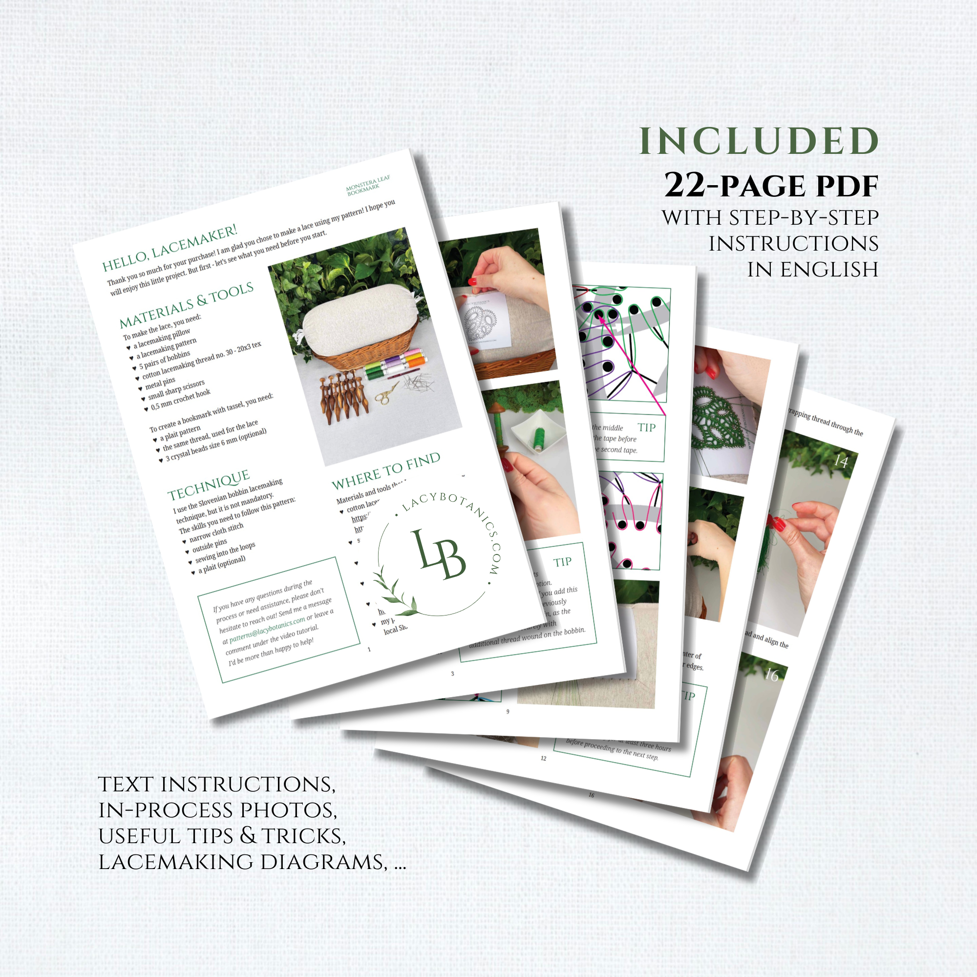 Monstera Leaf Bookmark • Bobbin Lace PDF Pattern • Digital Download + Video Tutorial