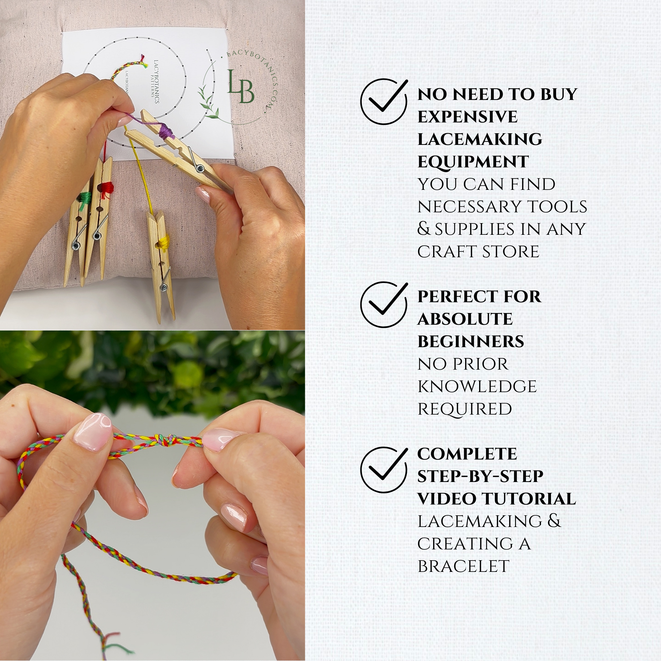 Plaited Bracelet • Introduction to Bobbin Lace • Level 1 • Digital Download + Video Tutorial