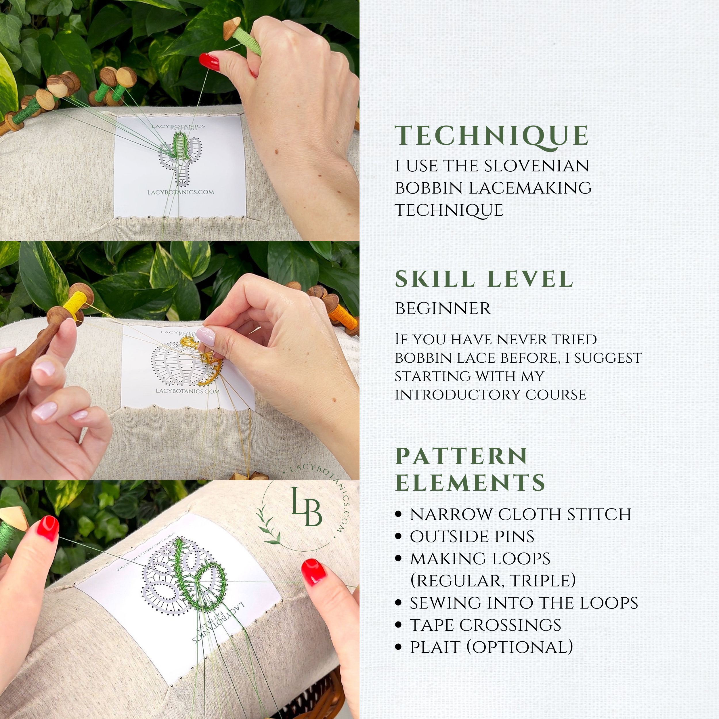 Patterns for Beginners • Bobbin Lace PDF Pattern Set • Monstera, Pumpkin & Cactus • Digital Download + Video Tutorial