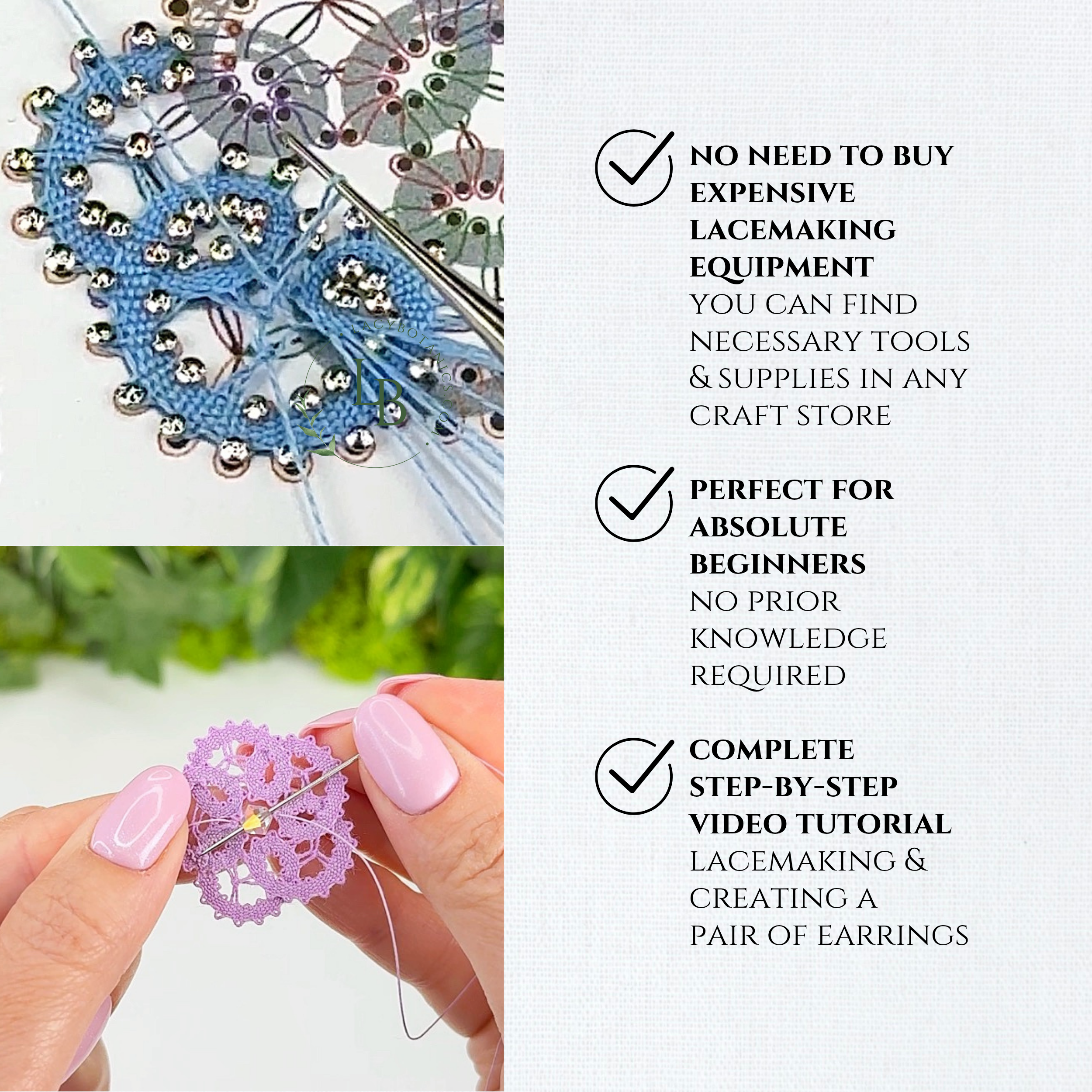 Flower Earrings • Introduction to Bobbin Lace • Level 5 • Digital Download + Video Tutorial