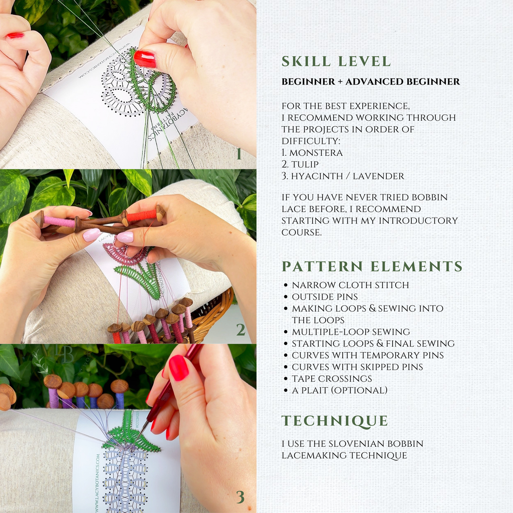 Spring Floral Set • Bobbin Lace PDF Patterns • Monstera Leaf, Tulip, Hyacinth • Digital Download + Video Tutorial