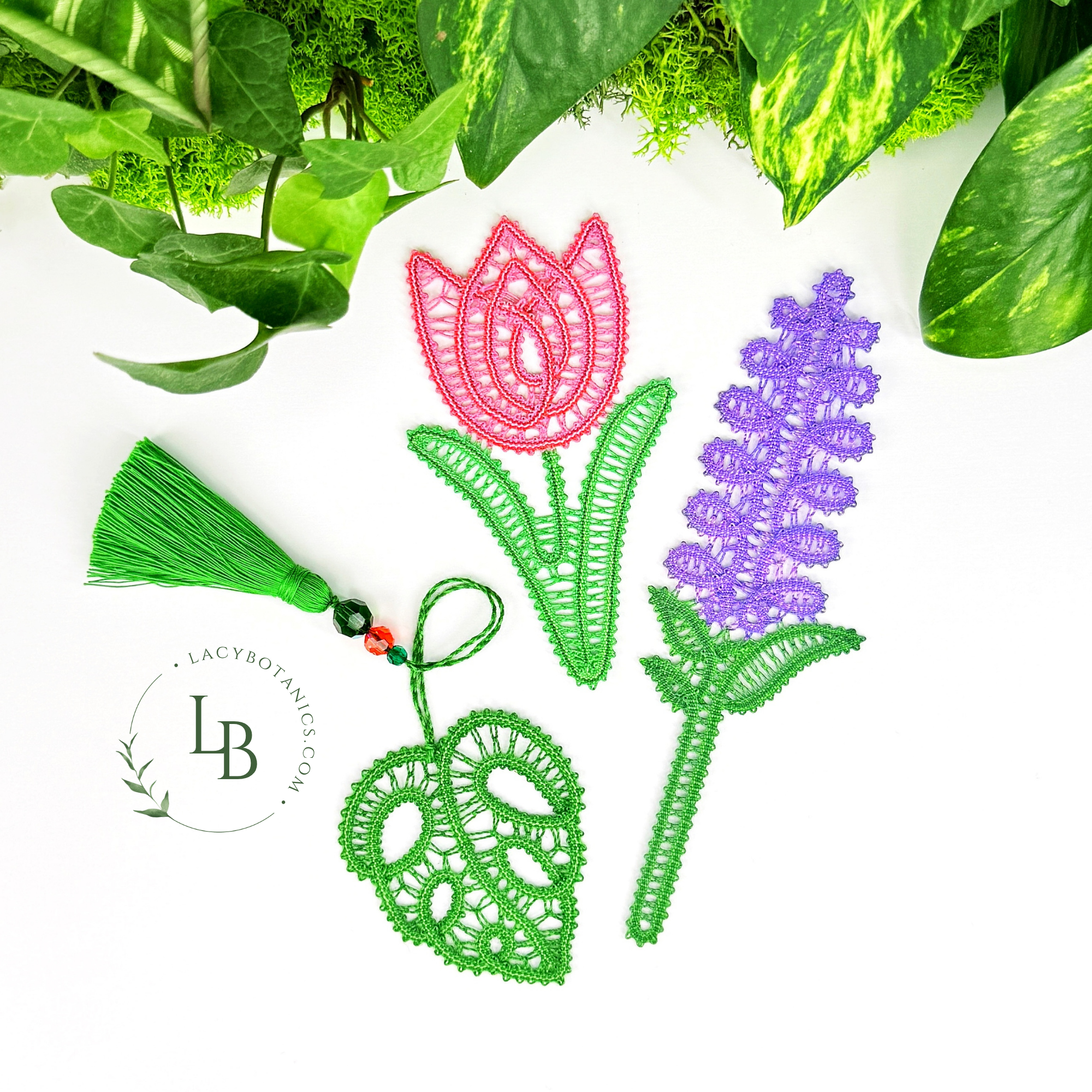 Spring Floral Set • Bobbin Lace PDF Patterns • Monstera Leaf, Tulip, Hyacinth • Digital Download + Video Tutorial
