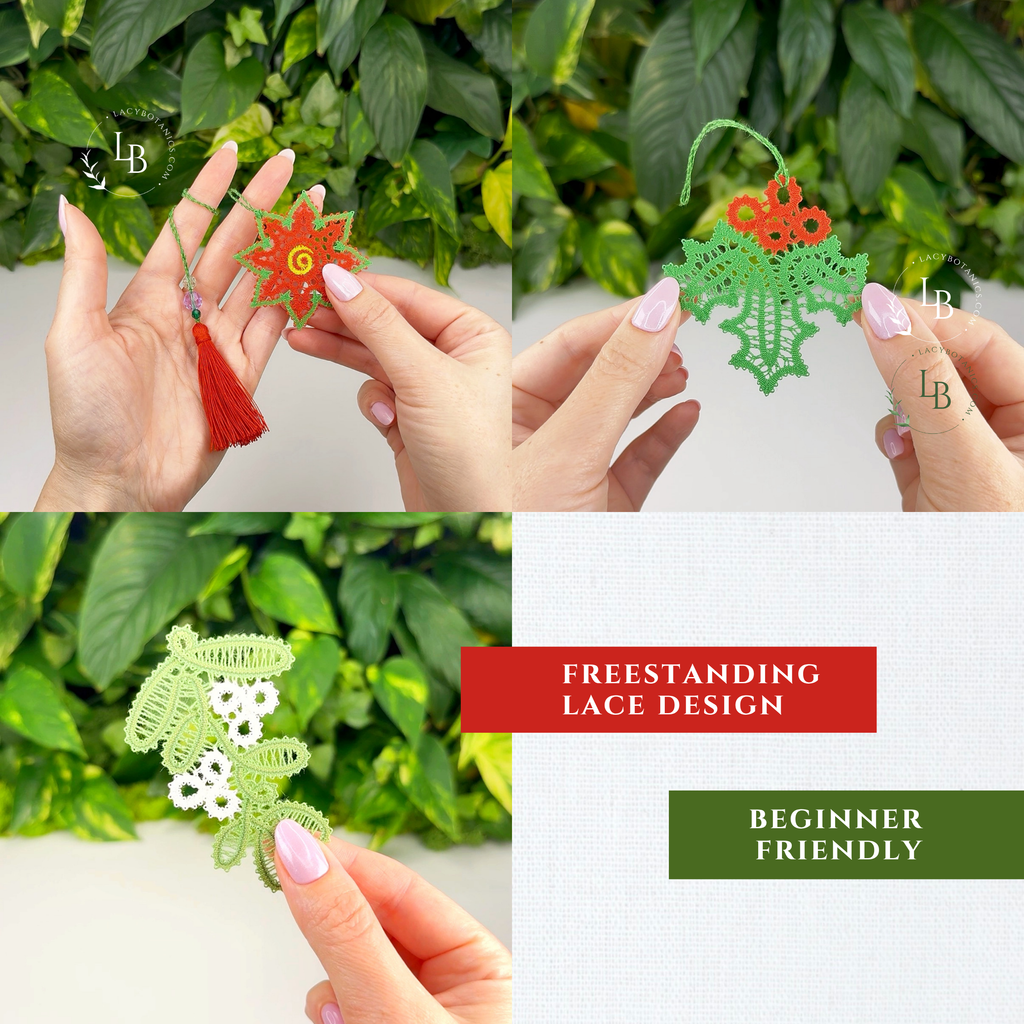 Christmas Flowers • Bobbin Lace PDF Pattern Set • Mistletoe, Holly & Poinsettia • Digital Download + Video Tutorial