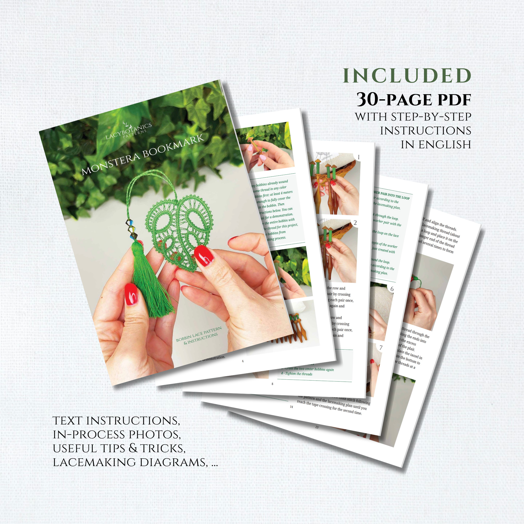 Monstera Leaf Bookmark • Bobbin Lace PDF Pattern • Digital Download + Video Tutorial