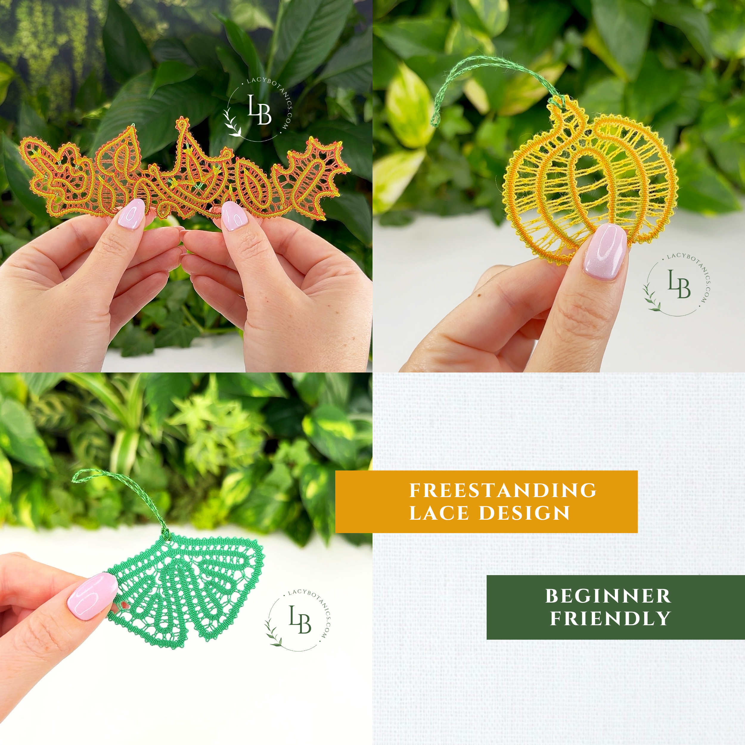 Autumn Lace Garden • Bobbin Lace PDF Pattern Set • Autumn Leaves, Pumpkin, Ginkgo Leaf • Digital Download + Video Tutorial