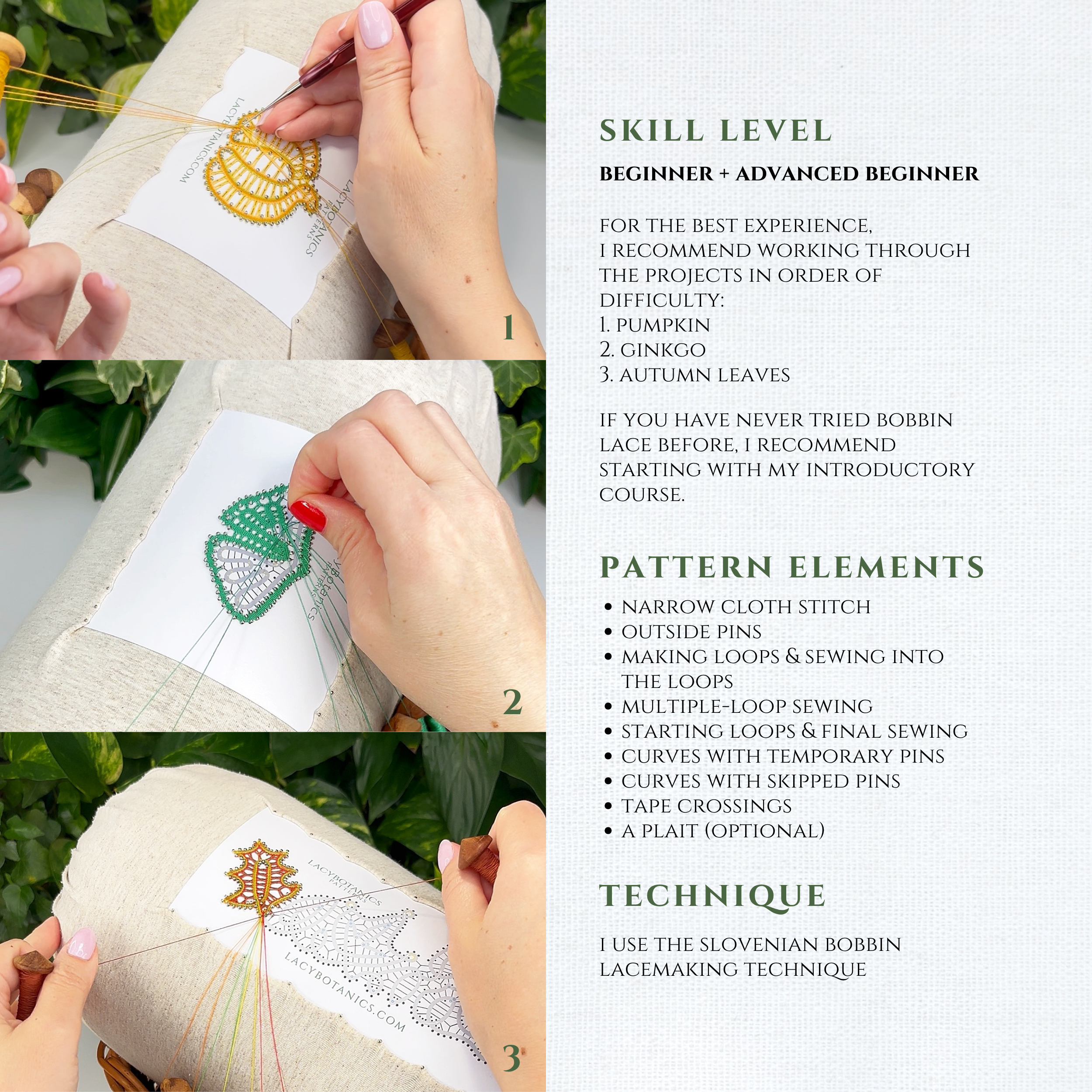 Autumn Lace Garden • Bobbin Lace PDF Pattern Set • Autumn Leaves, Pumpkin, Ginkgo Leaf • Digital Download + Video Tutorial